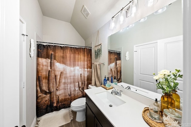 bathroom featuring lofted ceiling, wood-type flooring, vanity, and toilet