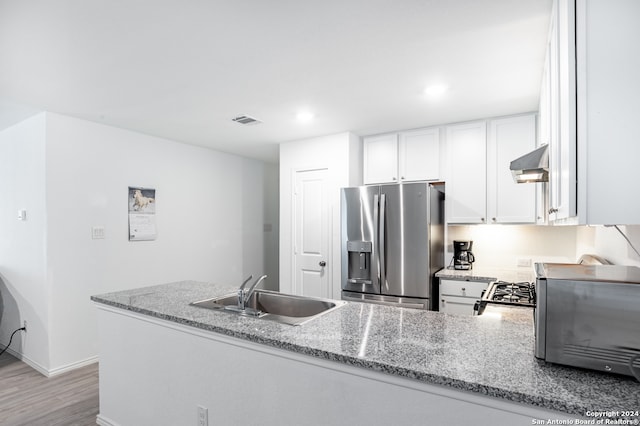 kitchen featuring range hood, stainless steel appliances, light hardwood / wood-style floors, light stone counters, and sink