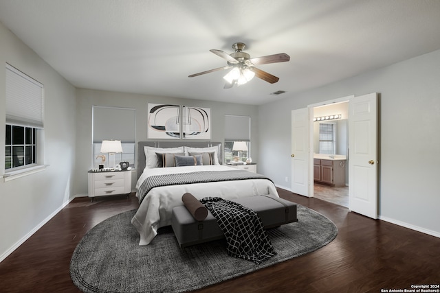 bedroom with connected bathroom, ceiling fan, and hardwood / wood-style flooring