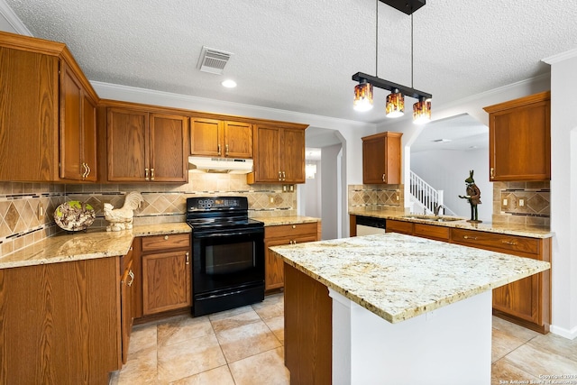 kitchen featuring white dishwasher, under cabinet range hood, electric range, a sink, and ornamental molding