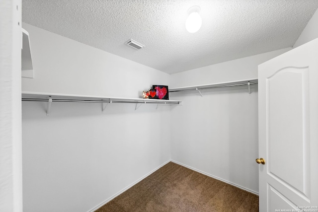 walk in closet featuring visible vents and dark colored carpet