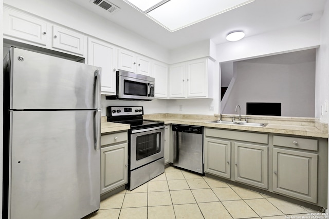 kitchen featuring appliances with stainless steel finishes, white cabinets, light tile patterned flooring, sink, and kitchen peninsula