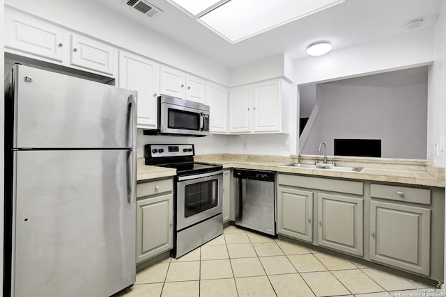 kitchen with a sink, white cabinets, stainless steel appliances, and light countertops