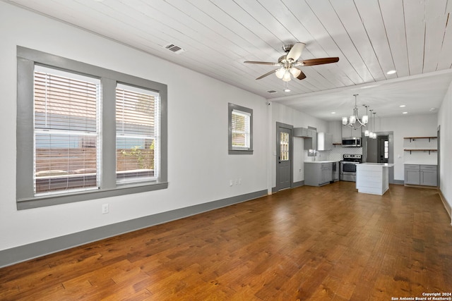 unfurnished living room featuring wood-type flooring, wooden ceiling, ceiling fan with notable chandelier, and sink