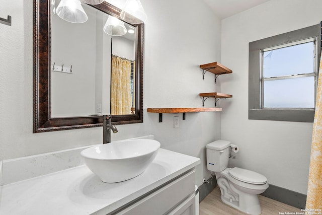 bathroom with hardwood / wood-style flooring, vanity, and toilet