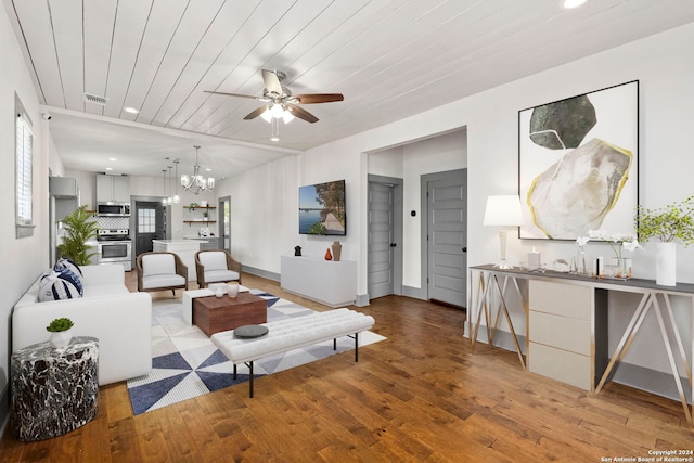 living room with wooden ceiling, ceiling fan with notable chandelier, and light hardwood / wood-style floors