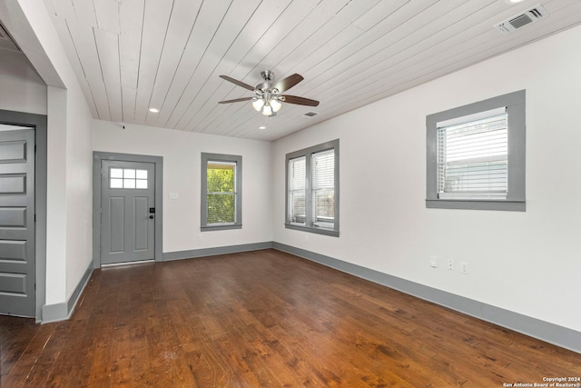 entryway with ceiling fan, wood-type flooring, and wooden ceiling