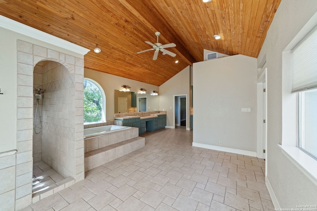 interior space with ceiling fan, light tile patterned flooring, high vaulted ceiling, and wood ceiling