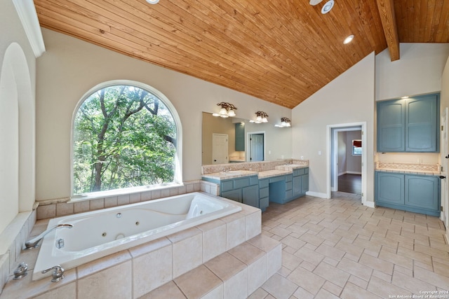 bathroom with wood ceiling, hardwood / wood-style flooring, high vaulted ceiling, beamed ceiling, and dual vanity