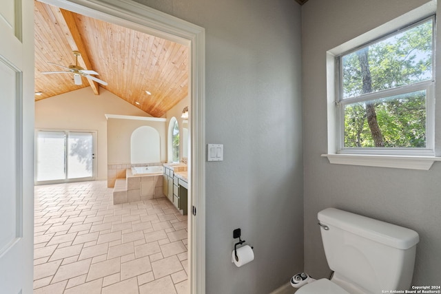 bathroom featuring wood ceiling, toilet, ceiling fan, tile patterned floors, and vanity