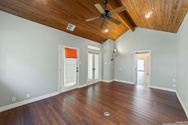 unfurnished living room featuring high vaulted ceiling, tile patterned flooring, beam ceiling, ceiling fan, and wood ceiling