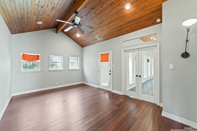 entrance foyer with french doors, beamed ceiling, hardwood / wood-style flooring, ceiling fan, and wood ceiling