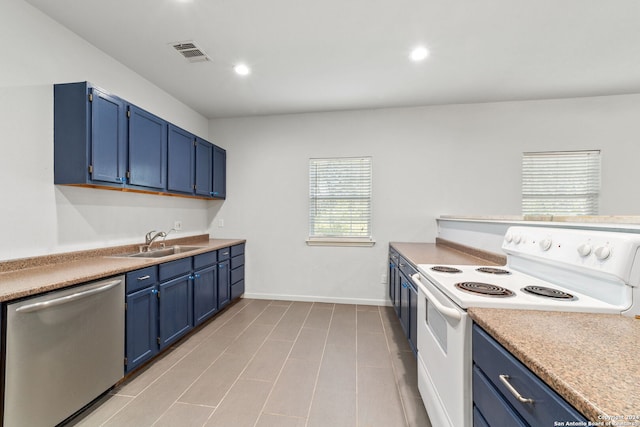 kitchen featuring light tile patterned floors, blue cabinets, sink, stainless steel dishwasher, and white electric range oven