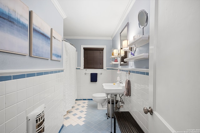 bathroom featuring crown molding, toilet, tile walls, sink, and tile patterned flooring