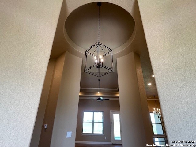 details featuring a raised ceiling and ceiling fan with notable chandelier