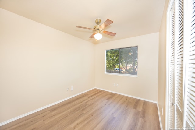 unfurnished bedroom featuring a closet, ceiling fan, and light hardwood / wood-style flooring