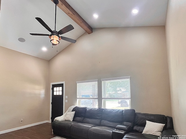 living room with high vaulted ceiling, beamed ceiling, hardwood / wood-style floors, and ceiling fan