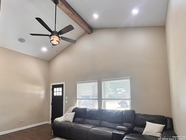 448 Melody, Uvalde, TX 78801 - living room with beamed ceiling, ceiling fan, dark wood-style floors, baseboards, and recessed lighting