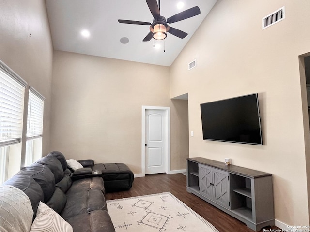 448 Melody, Uvalde, TX 78801 - living area featuring high vaulted ceiling, a ceiling fan, dark wood finished floors, and baseboards