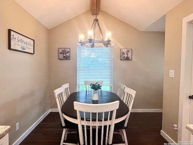 dining area featuring a notable chandelier, lofted ceiling with beams, and dark wood-type flooring