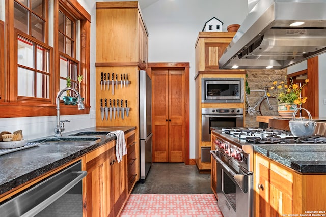 kitchen featuring appliances with stainless steel finishes, extractor fan, sink, and dark stone counters