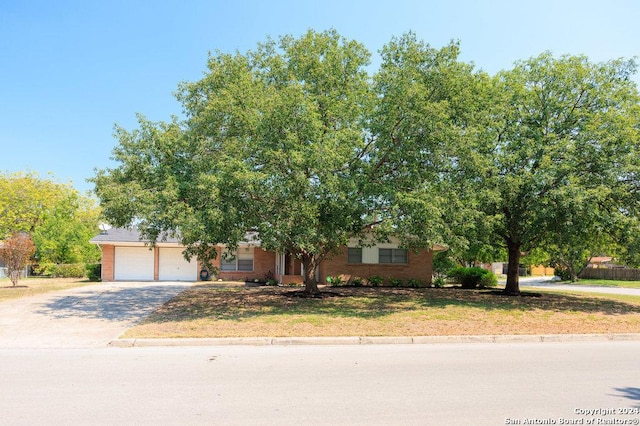 view of property hidden behind natural elements with an attached garage, driveway, a front yard, and brick siding