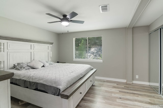 bedroom featuring light wood-type flooring, a closet, and ceiling fan