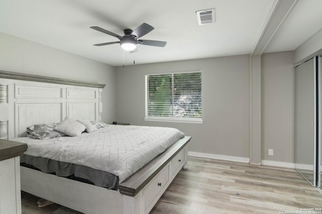 202 Cedar Hill Rd, Pipe Creek, TX 78063 - bedroom with baseboards, a ceiling fan, visible vents, and light wood-type flooring