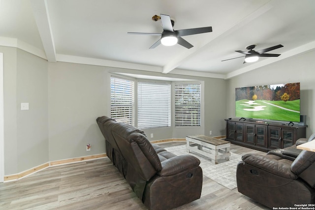 202 Cedar Hill Rd, Pipe Creek, TX 78063 - living area featuring baseboards, wood finished floors, lofted ceiling with beams, and ceiling fan