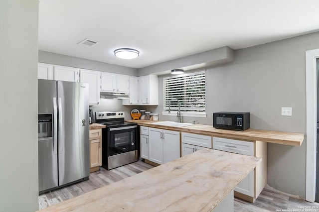 202 Cedar Hill Rd, Pipe Creek, TX 78063 - kitchen featuring stainless steel appliances, a sink, visible vents, wood counters, and under cabinet range hood