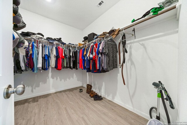 walk in closet with light hardwood / wood-style floors