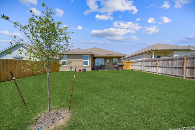 rear view of house with a patio area and a yard