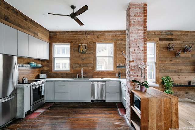 kitchen with dark hardwood / wood-style flooring, sink, appliances with stainless steel finishes, and wood walls