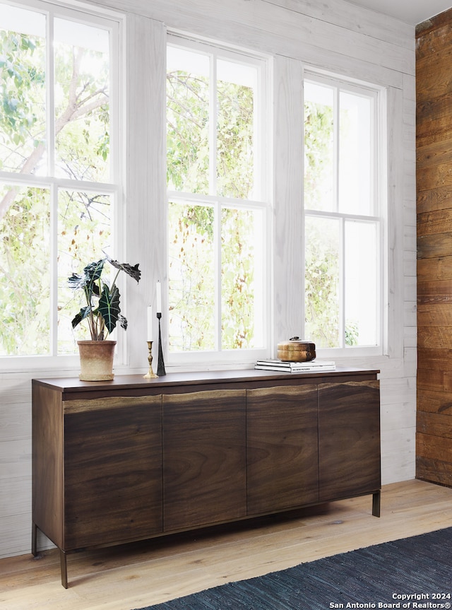 interior space with light hardwood / wood-style floors, wooden walls, dark brown cabinets, and plenty of natural light