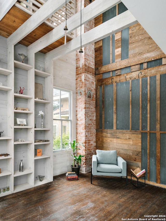 unfurnished room with a towering ceiling and dark hardwood / wood-style flooring