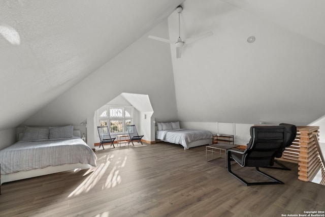 215 Beauregard, San Antonio, TX 78204 - bedroom with wood finished floors, a ceiling fan, and lofted ceiling