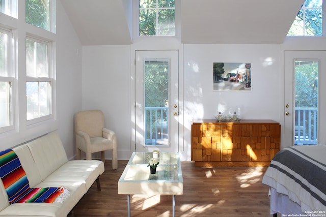 living room with a towering ceiling, dark hardwood / wood-style floors, and a healthy amount of sunlight