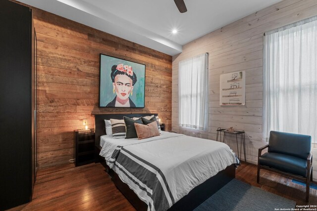 215 Beauregard, San Antonio, TX 78204 - bedroom with recessed lighting, wood walls, dark wood finished floors, and a ceiling fan