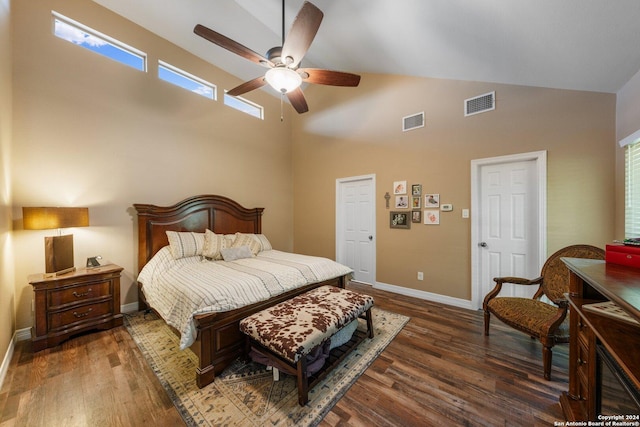 bedroom featuring high vaulted ceiling, dark hardwood / wood-style floors, and ceiling fan