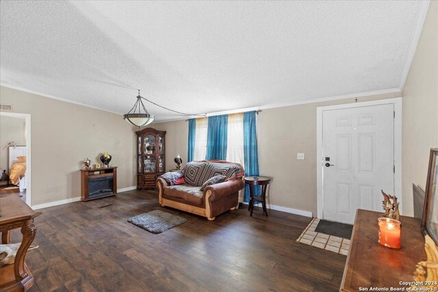 living room with dark hardwood / wood-style floors, a textured ceiling, and crown molding