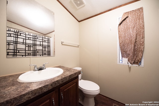 bathroom featuring a textured ceiling, toilet, and vanity