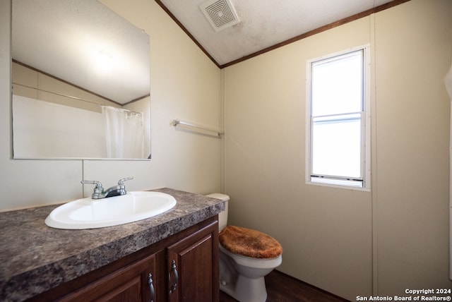 bathroom featuring a textured ceiling, toilet, and vanity