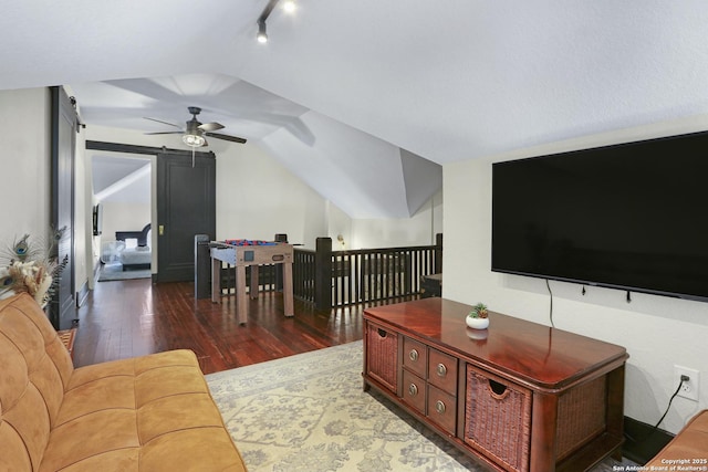 223 E Craig Pl, San Antonio, TX 78212 - living area with vaulted ceiling, ceiling fan, wood-type flooring, and track lighting