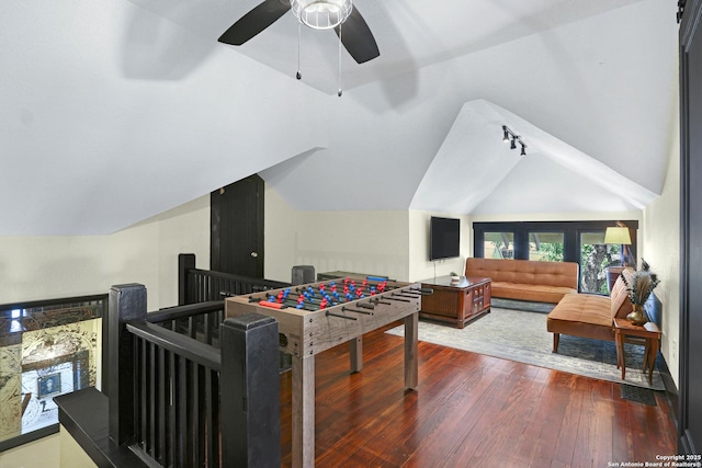 223 E Craig Pl, San Antonio, TX 78212 - playroom with lofted ceiling, wood-type flooring, a ceiling fan, and track lighting