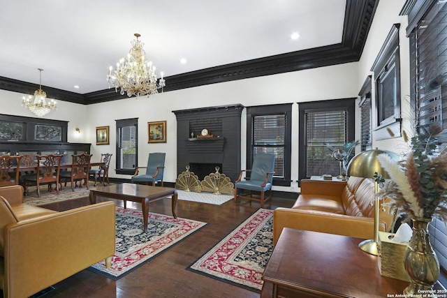 223 E Craig Pl, San Antonio, TX 78212 - living area with a chandelier, a brick fireplace, ornamental molding, wood finished floors, and recessed lighting