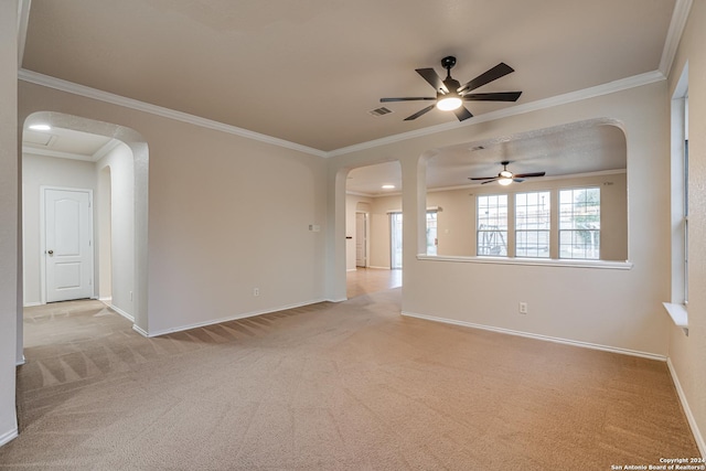 spare room featuring light colored carpet and crown molding