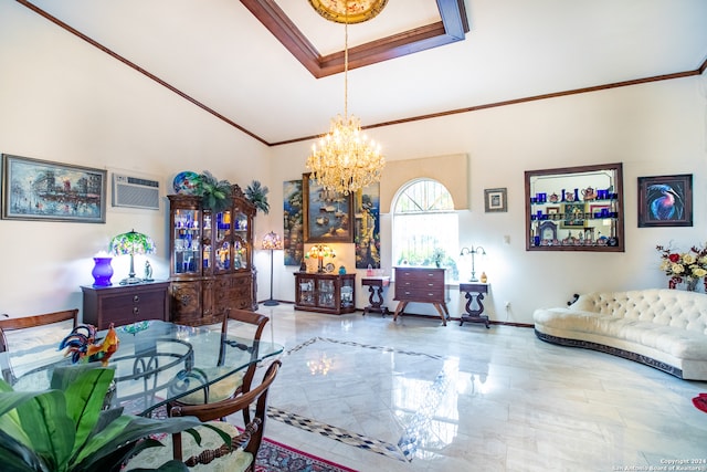 tiled dining room featuring a notable chandelier, crown molding, and a wall mounted AC