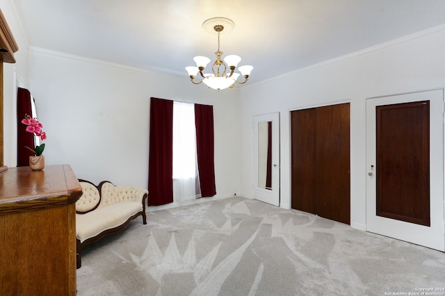 unfurnished room featuring a notable chandelier, ornamental molding, and light carpet