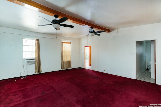 carpeted spare room featuring beamed ceiling, ceiling fan, and cooling unit