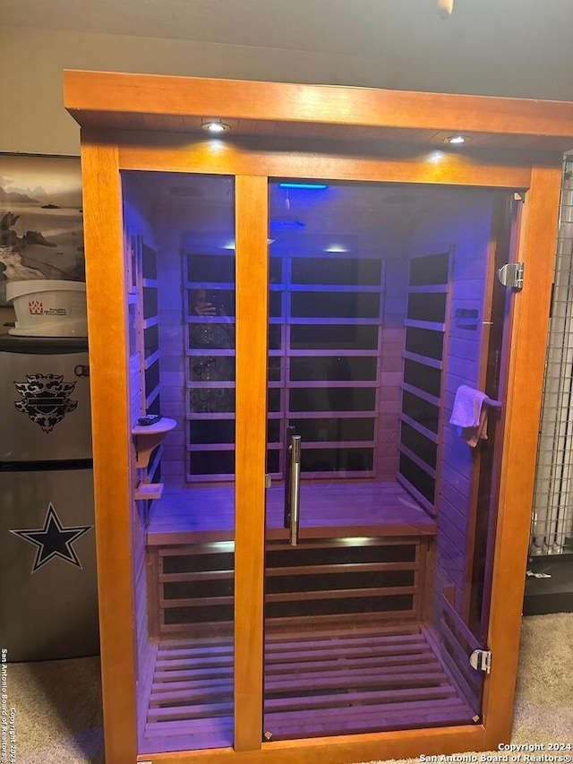 view of sauna / steam room with carpet floors